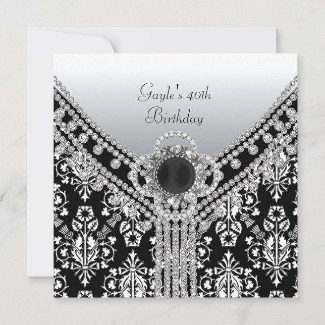 40-årsfest födelsedag svart vit damask diamant inbjudningar (Framsida)
