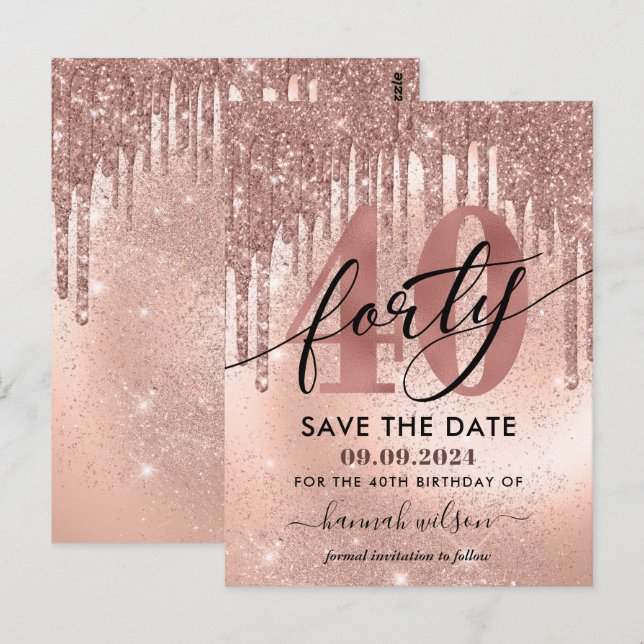 40-årsfest Rose Gold Save The Date  Vykort (Fram/baksida)