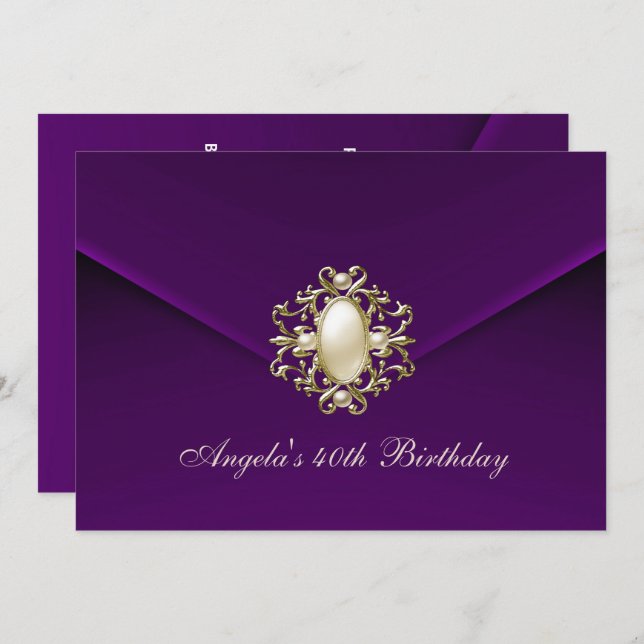40-årsfest Royal Mörk Plommon Sammet Pärl Inbjudningar (Fram/baksida)