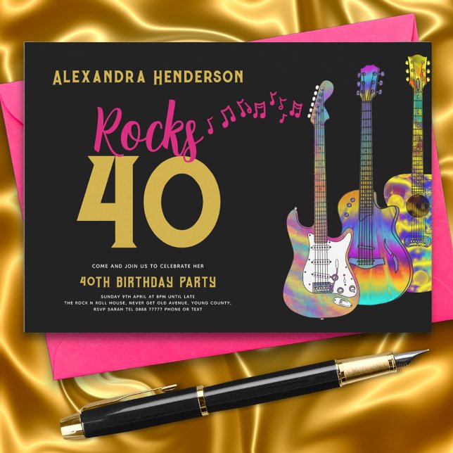 40-årsfesten Rocks 40 Gitarr Rosa Guld Inbjudningar (Rock and roll pink black and gold 40th birthday party inviation funky guitar rock)