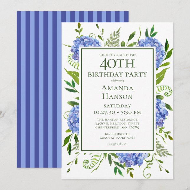40-årsfirande Blå Hydrangeor Överraskningsfest Inbjudningar (Fram/baksida)