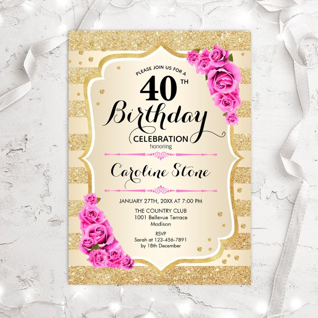 40-årsfirande - Guldstrimmig Rosa Rosor Inbjudan (Skapare uppladdad)