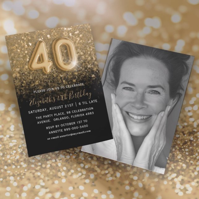 40-årsfirande med guldglitter och svart tema inbjudningar (Skapare uppladdad)