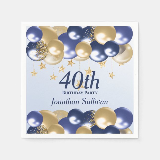 40-årsfirande Navy Guld Ballonger Party Pappersservett (Framsidan)