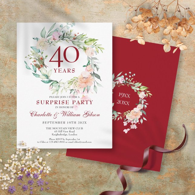 40-årsfirande Överraskningsfest Rosengirlang Meddelande Vykort (40th Anniversary Surprise Party Roses Garland Announcement Postcard)