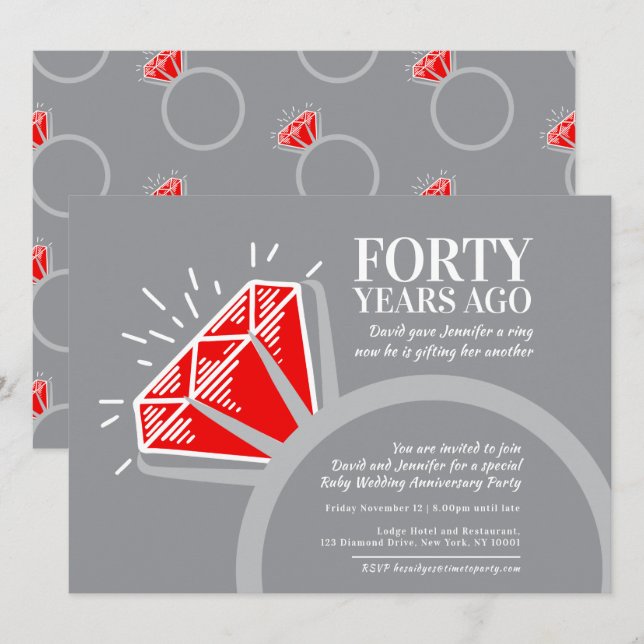 40-årsfirande party red ruby ring grafisk inbjudningar (Fram/baksida)