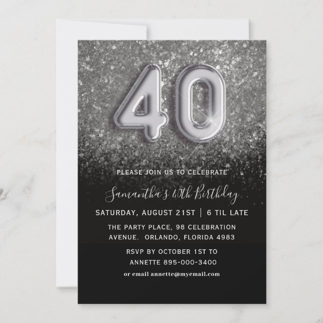 40-årsfirande Silver & Svart Glitterfest Inbjudningar (Framsida)
