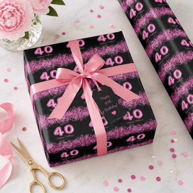 40-årsfirande Svart, Rosa Ballonger | Falskt Glitt Presentpapper (Add name to customize.  Please see collection for matching items)