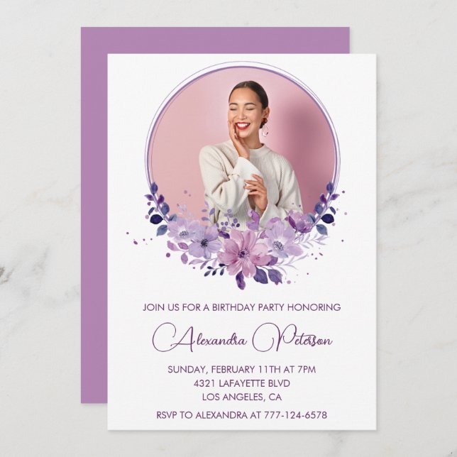 40-årsinbjudan Foto Elegant Boho lila Inbjudningar (Fram/baksida)