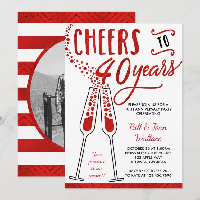 40-årsjubiléet, Faux Glitter/Foil Inbjudningar (Fram/baksida)