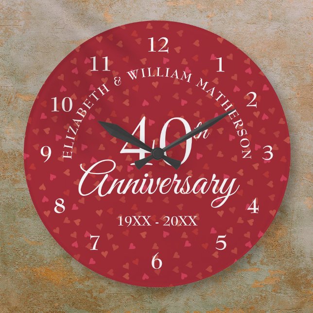 40-årsjubiléet Ruby Hearts Stor Klocka (40th Wedding Anniversary Ruby Hearts Large Clock)
