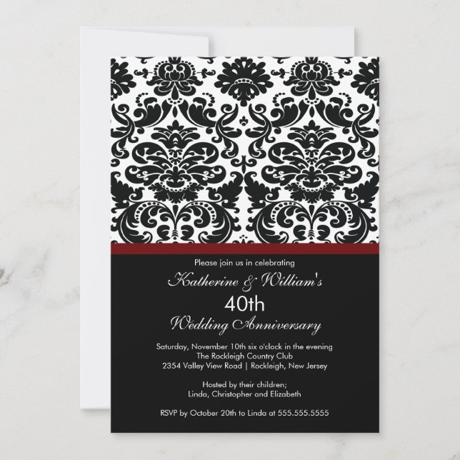 40-årsjubileum Damask Invitation Merlot Röd Inbjudningar (Framsida)