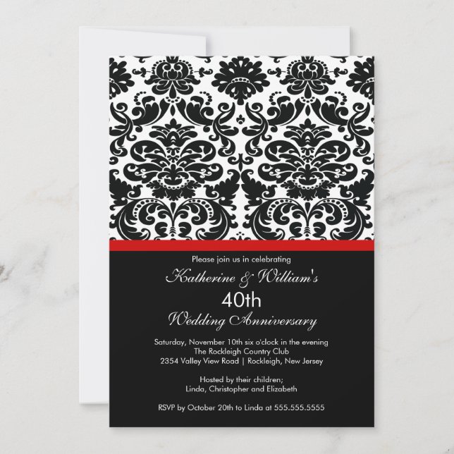 40-årsjubileum Damask Invitation Röd Inbjudningar (Framsida)