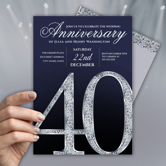 40-årsjubileum Diamant Silver Marinblå Modern Inbjudningar (Skapare uppladdad)