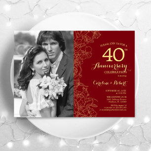 40-årsjubileum med foto Ruby Red Gold Floral Inbjudningar