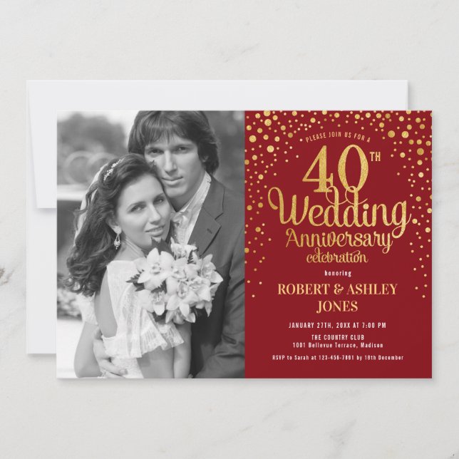 40-årsjubileum med Photo - Red Guld Inbjudningar (Framsida)