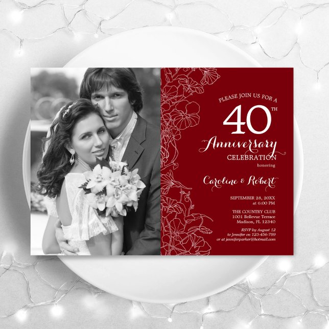 40-årsjubileum med Photo Ruby Red White Blommigt Inbjudningar (Skapare uppladdad)