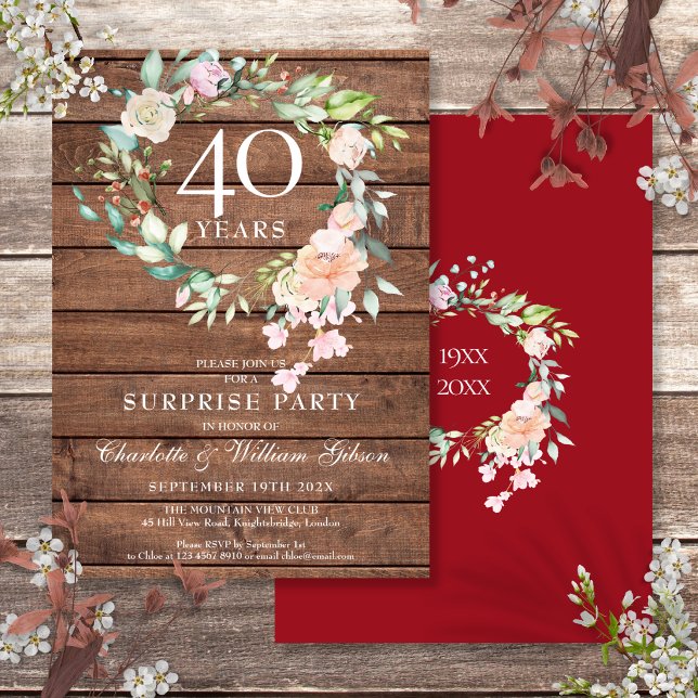 40-årsjubileum Överraskningsfest Blommig Rustik Tr Inbjudningar (40th Anniversary Surprise Party Floral Rustic Wood Invitation)