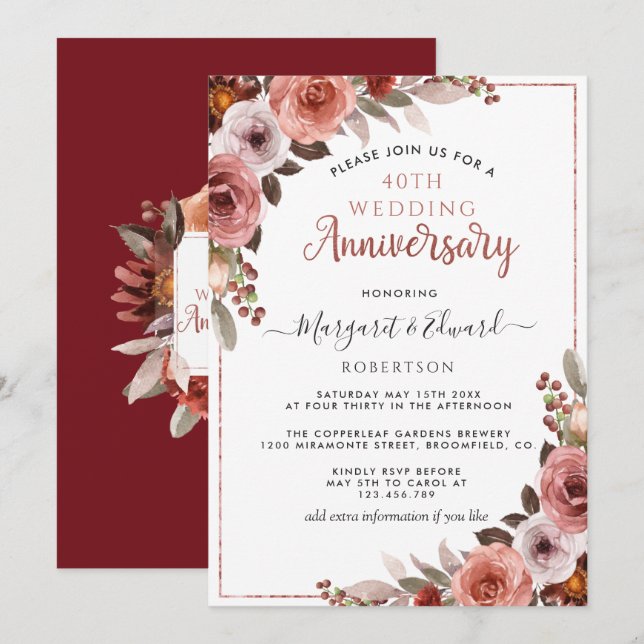 40-årsjubileum Red Ruby, Rose Gold Blush Floral Inbjudningar (Fram/baksida)