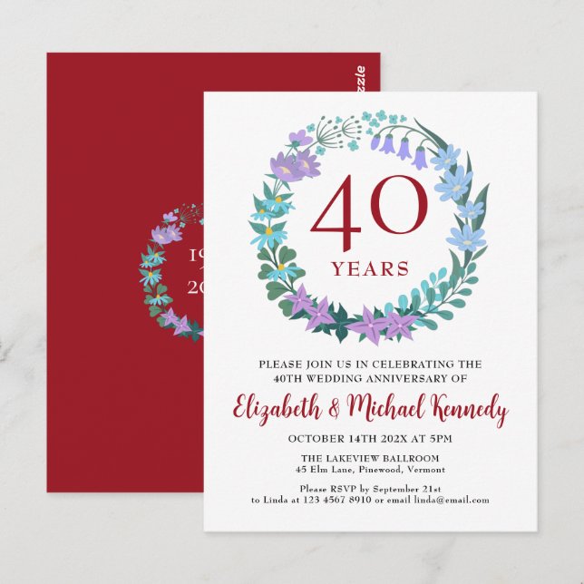 40-årsjubileum Ruby Bluebells krans-inbjudan Vykort (Fram/baksida)