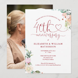 40-årsjubileum Ruby Heart Blommig Foto Inbjudningar