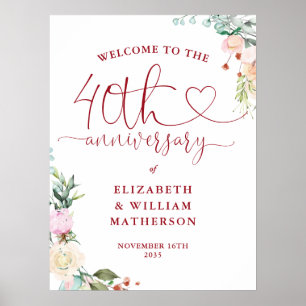 40-årsjubileum Ruby Heart Blommig Välkomstskylt Poster