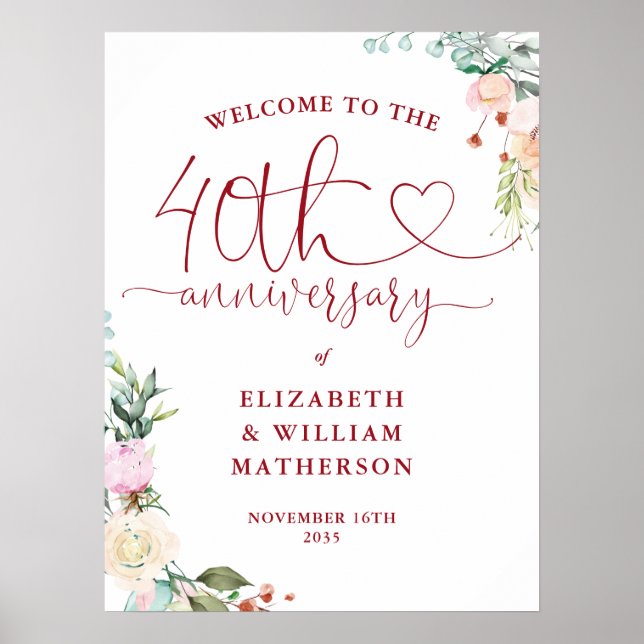 40-årsjubileum Ruby Heart Blommig Välkomstskylt Poster (Framsidan)