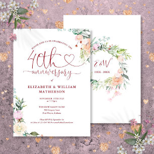 40-årsjubileum Ruby Heart Floral Monogram Inbjudningar