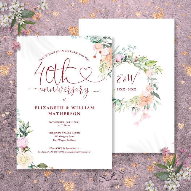 40-årsjubileum Ruby Heart Floral Monogram Inbjudningar (40th Anniversary Ruby Heart Floral Monogram Invitation)