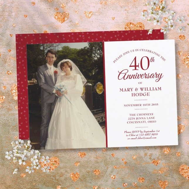 40-årsjubileum Ruby Heart Konfetti Bröllopsfoto Inbjudningar (40th Anniversary Ruby Heart Confetti Wedding Photo Invitation)