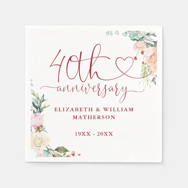 40-årsjubileum Ruby Heart Roses Blommig Pappersservett (Framsidan)