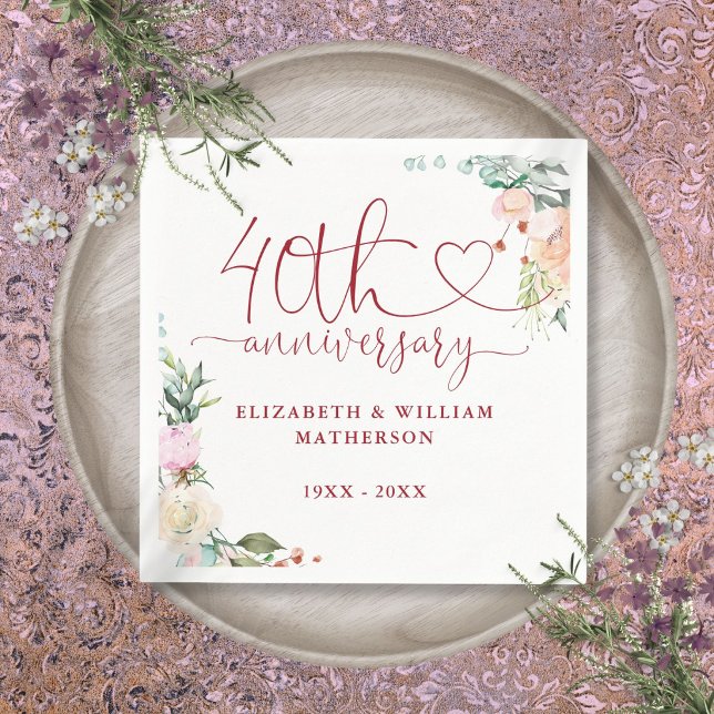 40-årsjubileum Ruby Heart Roses Blommig Pappersservett (40th Anniversary Ruby Heart Roses Floral Napkins)