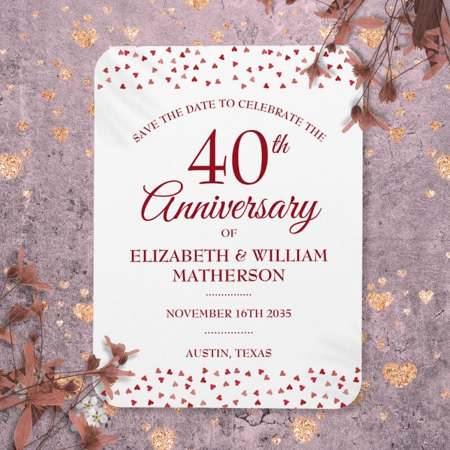 40-årsjubileum Ruby Hjärtan Spara Datumet Magnet (40th Wedding Anniversary Ruby Hearts Save the Date Magnet)