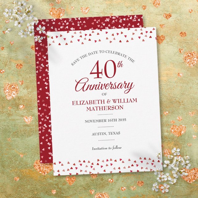 40-årsjubileum Ruby Love Hearts Spara datum Meddelande Vykort (40th Anniversary Ruby Love Hearts Save the Date Announcement Postcard)
