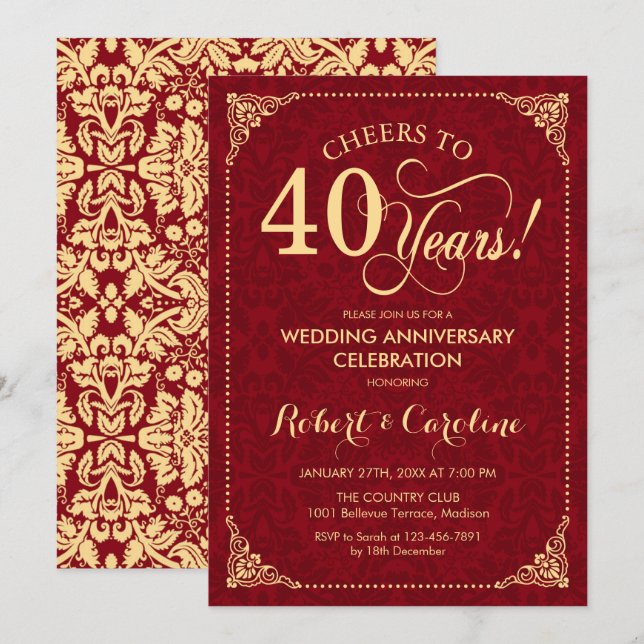 40-årsjubileum - Ruby Red Gold Damask Inbjudningar (Fram/baksida)