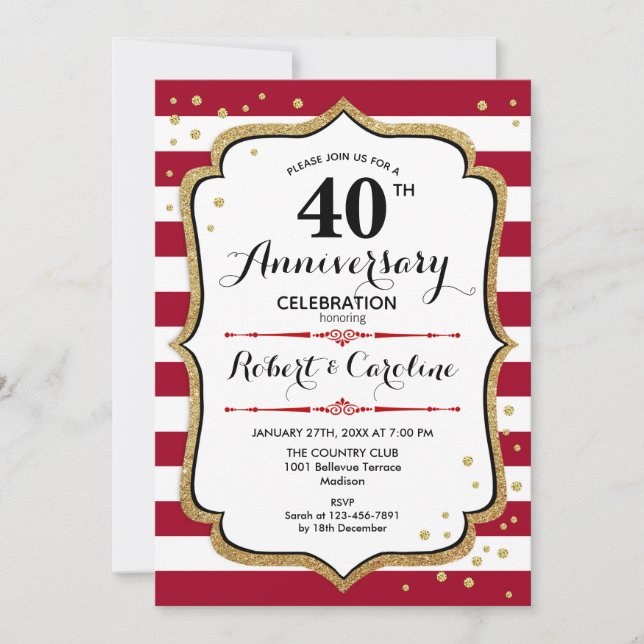 40-årsjubileum - Ruby Red Gold White Inbjudningar (Framsida)