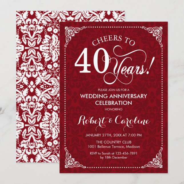 40-årsjubileum - Ruby Red White Damask Inbjudningar (Fram/baksida)