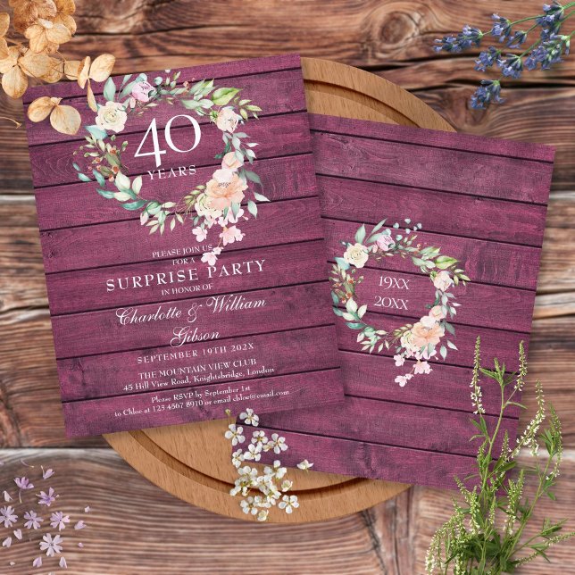40-årsjubileum Ruby Rustic Trä Blommig Inbjudan (Skapare uppladdad)