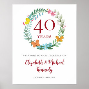 40-årsjubileum Ruby Välkommen Blommigt Utandningst Poster