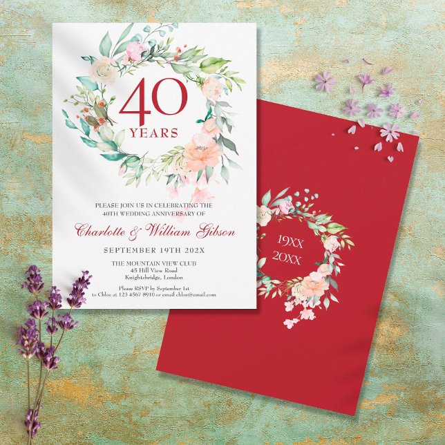 40-årsjubileum Ruby Watercolor Floral Inbjudningar (Skapare uppladdad)