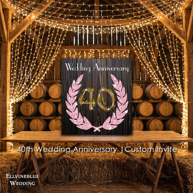 40-årsjubileum | Rustikt trä, rubin & guld Inbjudningar (40th Wedding Anniversary Invite | Rustic Wood & Ruby Laurel. Size: 5.25” x 5.25”)