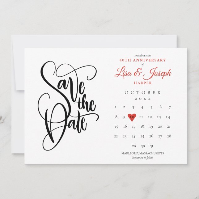 40-årsjubileum Save the Date-kalender Ruby Heart Inbjudningar (Framsida)