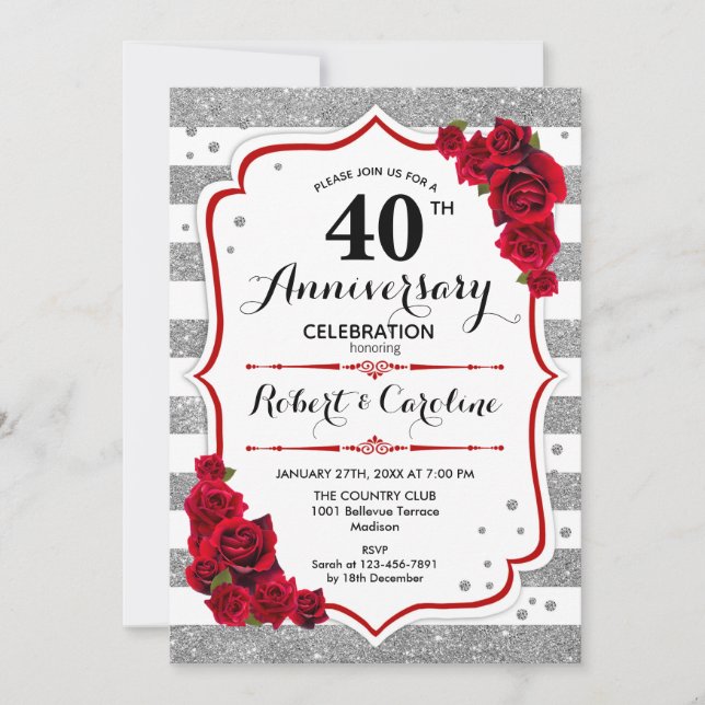 40-årsjubileum - Silver Vita Röda Rosor Inbjudningar (Framsida)