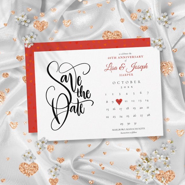 40-årsjubileum Spara datum-kalender Ruby Heart Datumet (40th Anniversary Save the Date Calendar Ruby Heart)