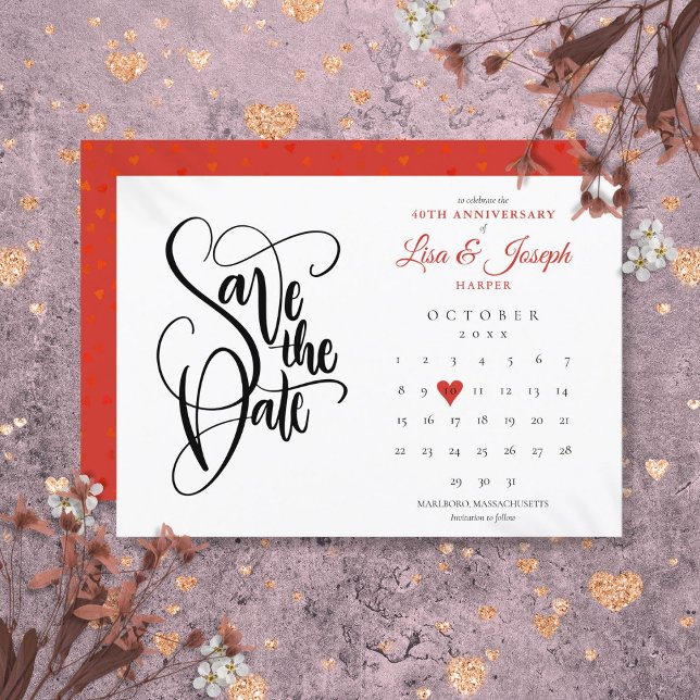 40-årsjubileum Spara datum-kalender Ruby Heart Inbjudningar (40th Anniversary Save the Date Calendar Ruby Heart Invitation)