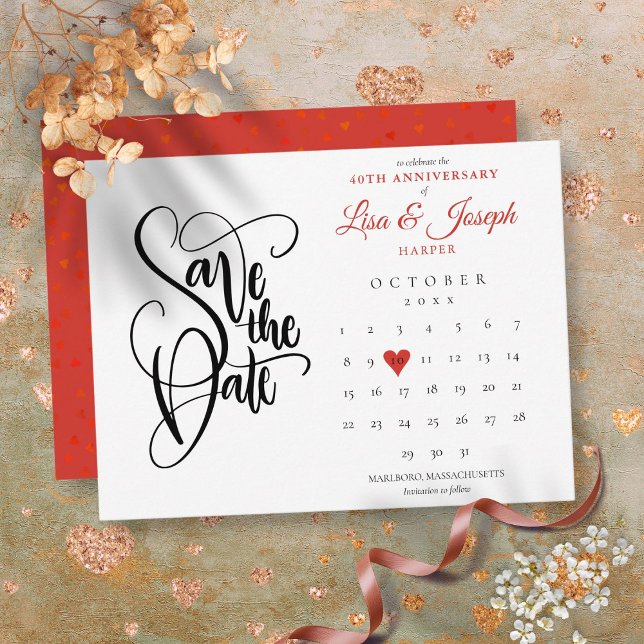 40-årsjubileum Spara datum-kalender Ruby Heart Vykort (40th Anniversary Save the Date Calendar Ruby Heart Postcard)