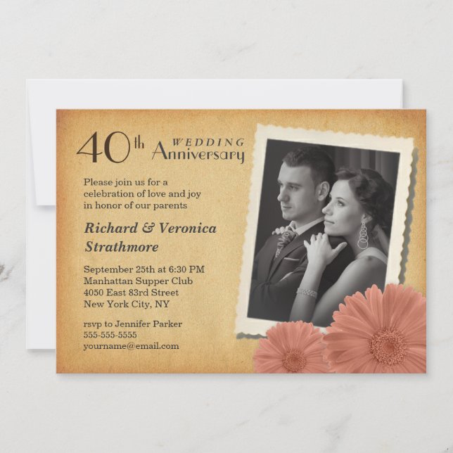 40-årsjubileum Vintage Daisy Foto Inbjudningar (Framsida)