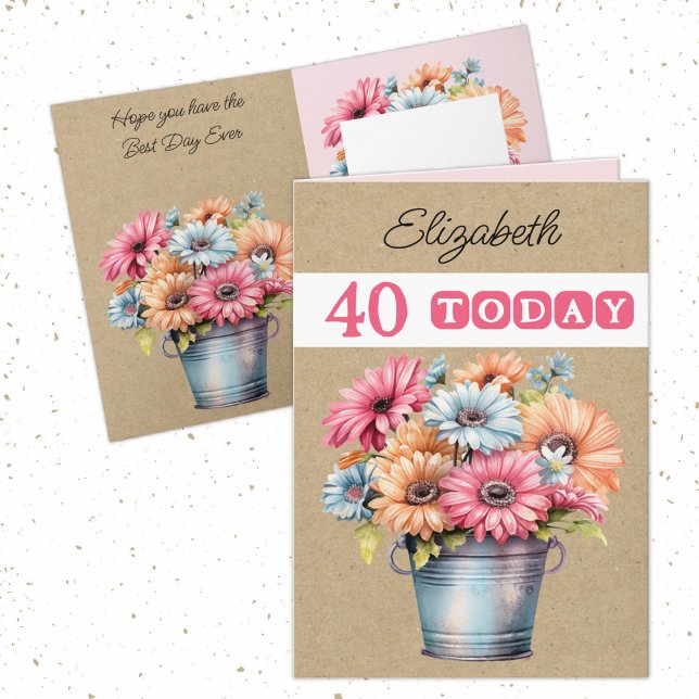 40:e årsåldern: alla groberas blommor rosa födelse kort (Skapare uppladdad)