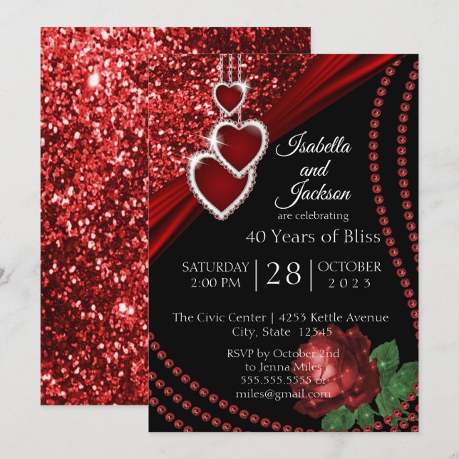 40:e årsdagen för Ruby Red Glitter och Ro Inbjudningar (Fram/baksida)