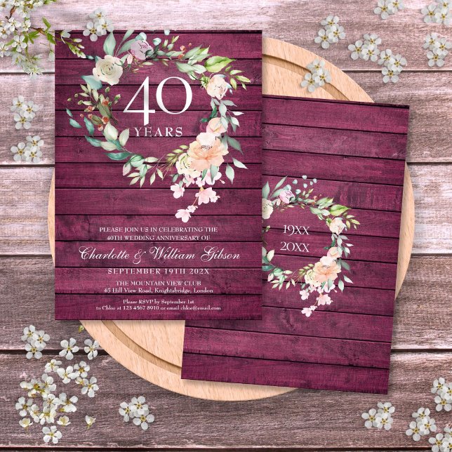 40:e årsdagen för Ruby Red Wood Blommigt Bröllop Inbjudningar (40th Ruby Red Wood Floral Wedding Anniversary Invitation)